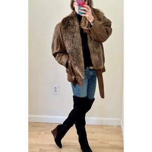 Vintage 1980s Flemington Furs Oversized Leather and Fur Winter Coat